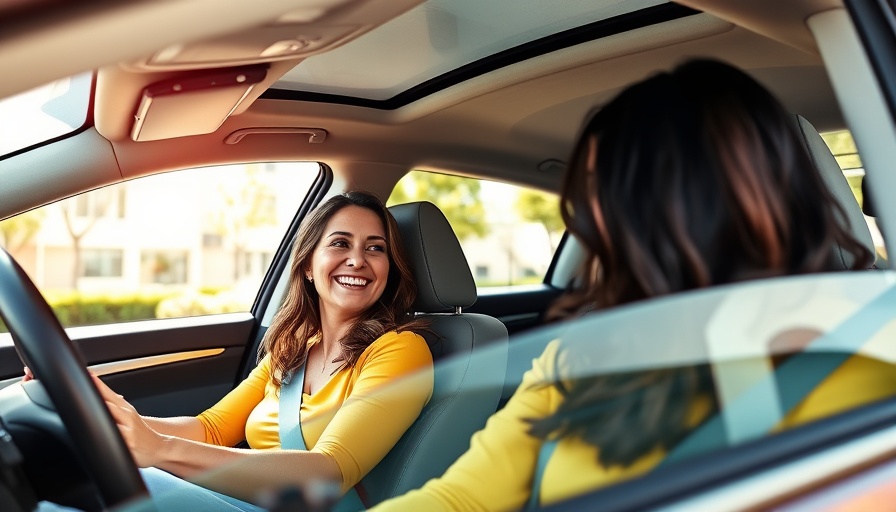 Two women talking in a car on a sunny day.