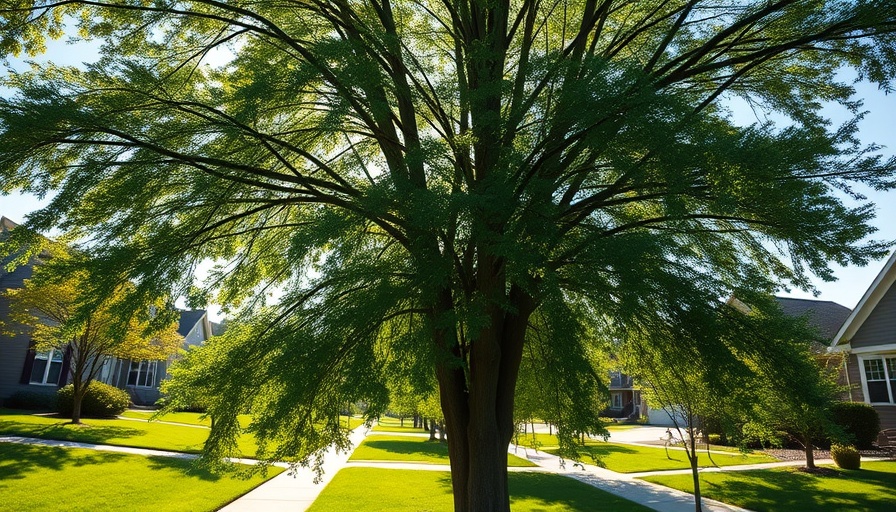 Thriving tree in a suburban area, part of Flower Mound tree rebate program.