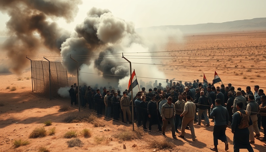 Protest scene in Gaza with rising smoke and crowd