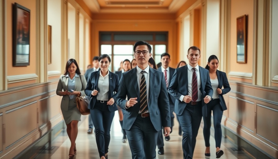 Group of professionals in business attire walking in a government building.