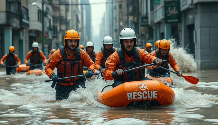 Rescue workers conducting Texas flood rescue efforts in submerged streets.