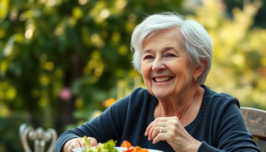 Elderly woman enjoying meal outdoors, related to copper intake cognitive performance.