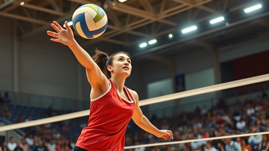Dynamic volleyball action featuring a female player serving, showcasing sports analytics USA.