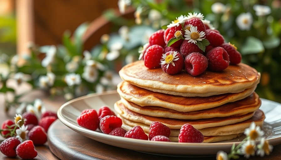 Wild raspberry and chamomile pancakes on rustic table.