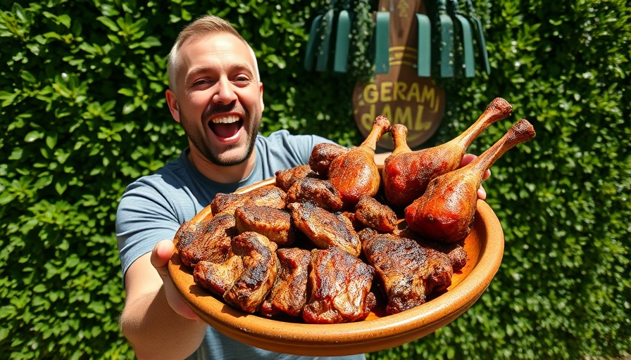 Excited man showcasing carnivore diet benefits with a meat platter outdoors.