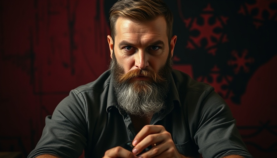 Rugged bearded man with wine bottle, dark textured background.