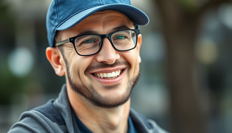 Smiling man wearing blue cap, photorealistic portrait.