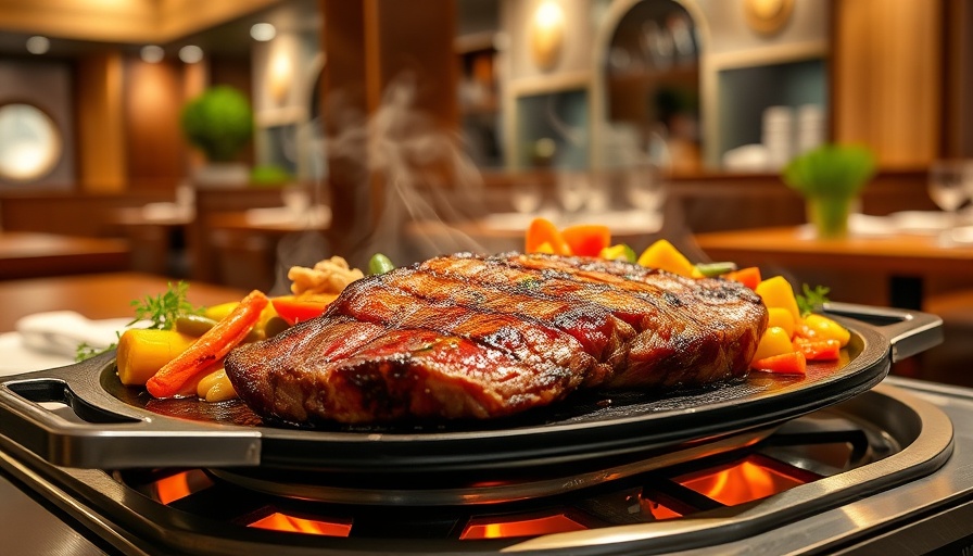 Pepper Lunch Texas sizzling steak with vegetables on hot plate.