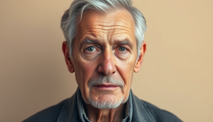 Elderly man with grey hair looks serious on beige background.