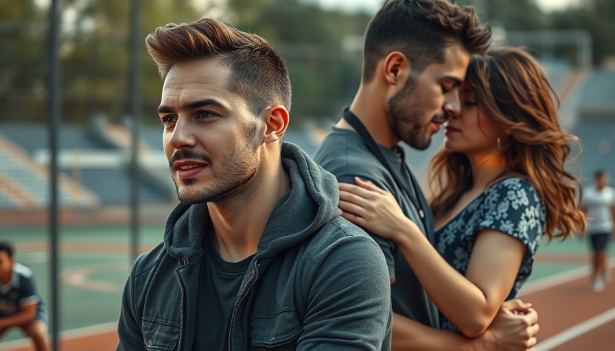 Man in sports attire and entwined couple in lively scene.