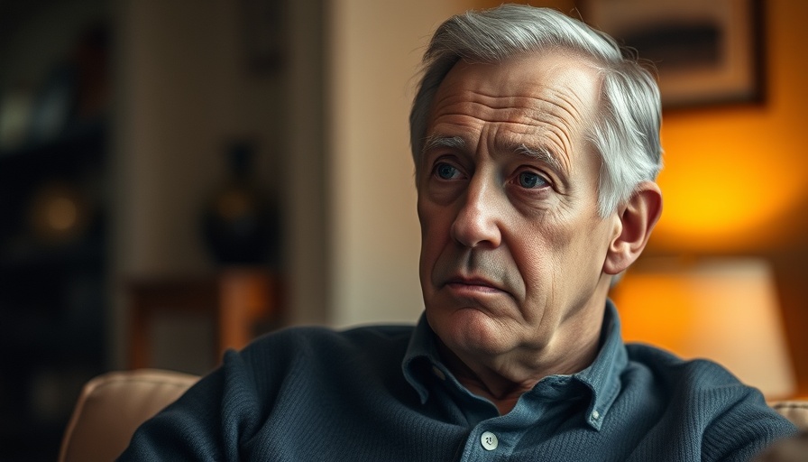 Older man with a thoughtful expression indoors, subtle lighting.