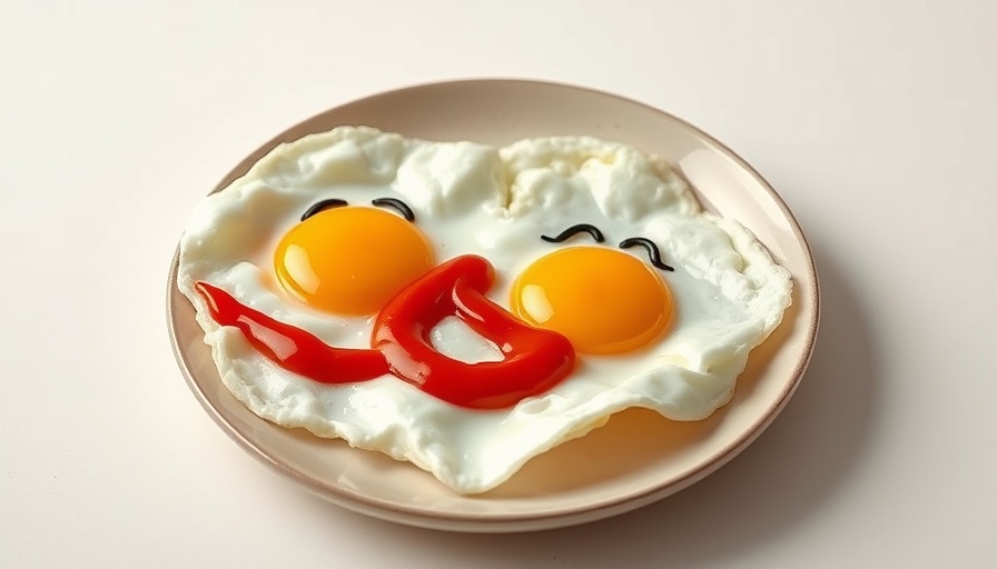 Smiling sunny side up eggs with ketchup on a plate, health and wellness.