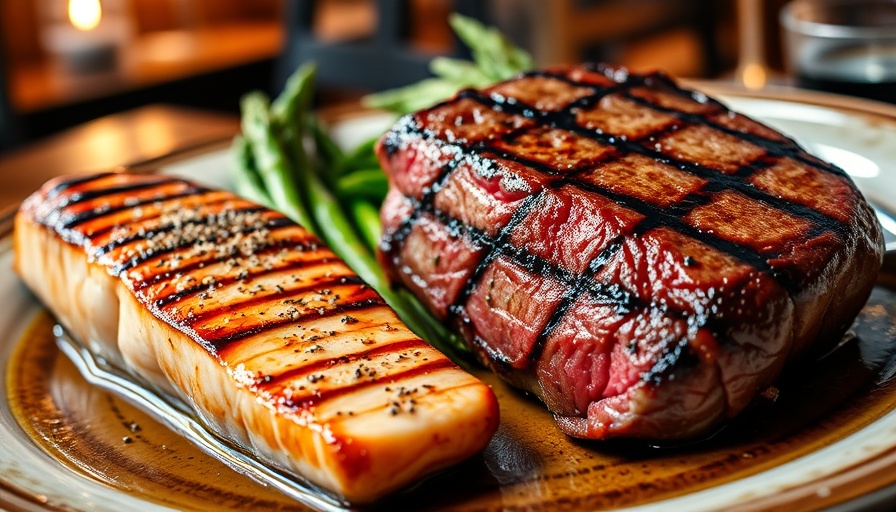 Grilled steak and salmon at Grotto Wood-Fired Grill Eureka Springs.