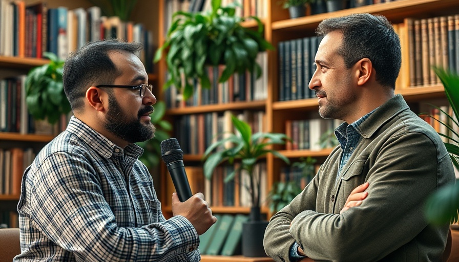 Two men discussing on a show set about eating pork and healthy aging.