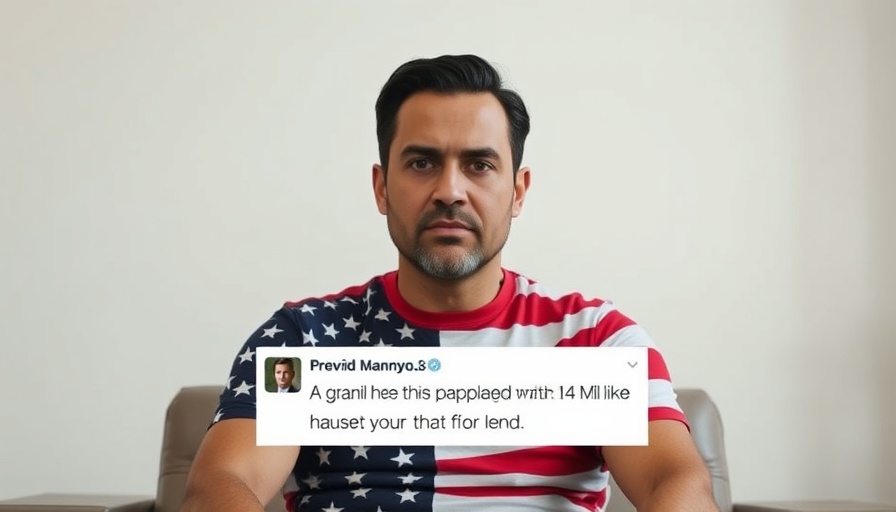 Man in American flag T-shirt indoors with tweet overlay.