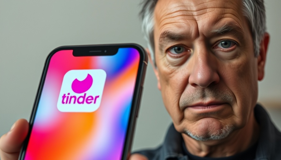 Smartphone with Tinder app icon next to serious man indoors.