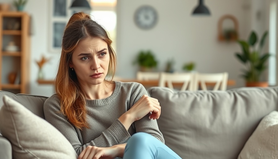 Concerned young woman holding wrist, home setting, health and wellness.