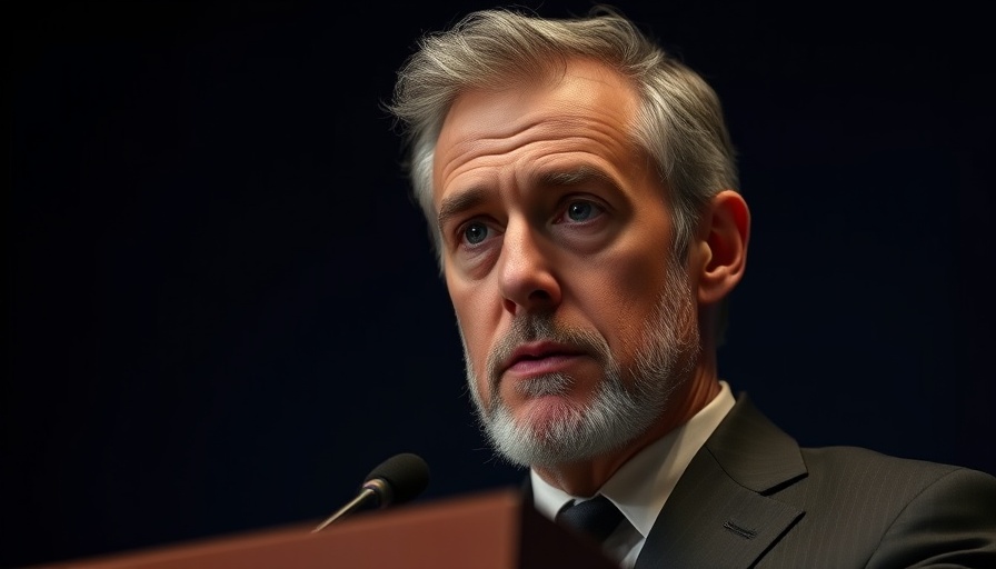 Serious male speaker at podium, thoughtful expression, Trump-Russia hoax discussion.