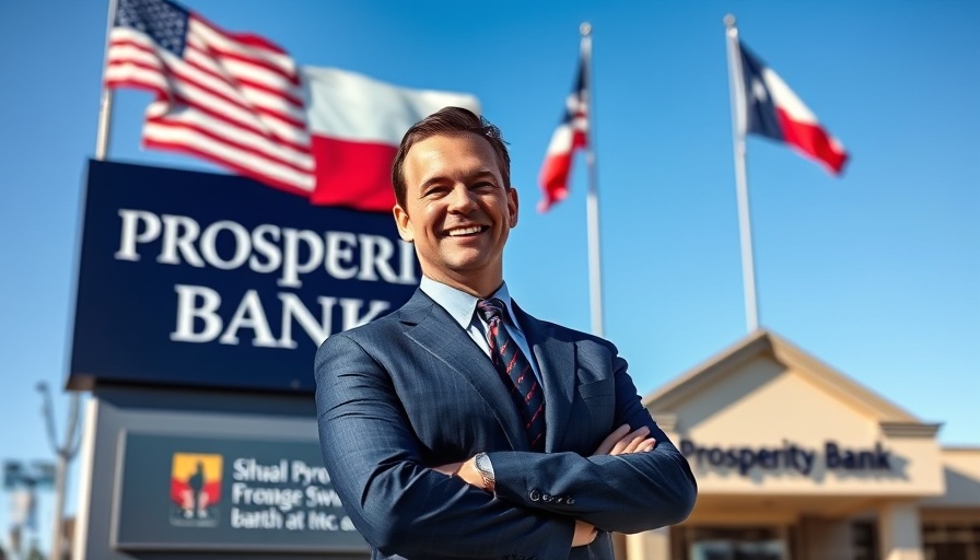 Prosperity Bank acquisition of American Bank, businessman smiling by bank sign.
