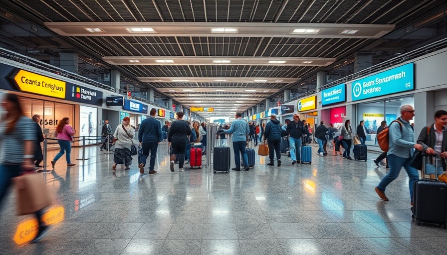 Busy airport terminal scene during Trump Administration flight restrictions.