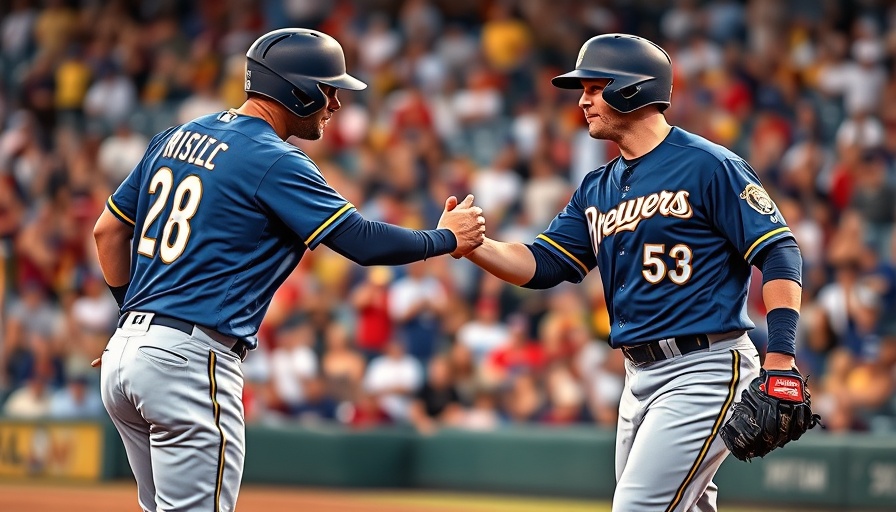 Milwaukee Brewers players celebrating victory with a handshake.