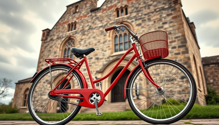 Pee-wee Herman's iconic red bicycle in front of a historic building.