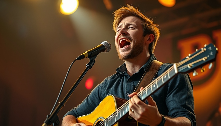 Musician passionately performing on stage with guitar.