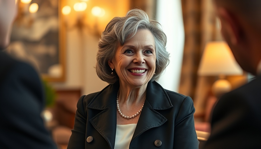 Elegant woman smiling during interview with warm indoor setting.