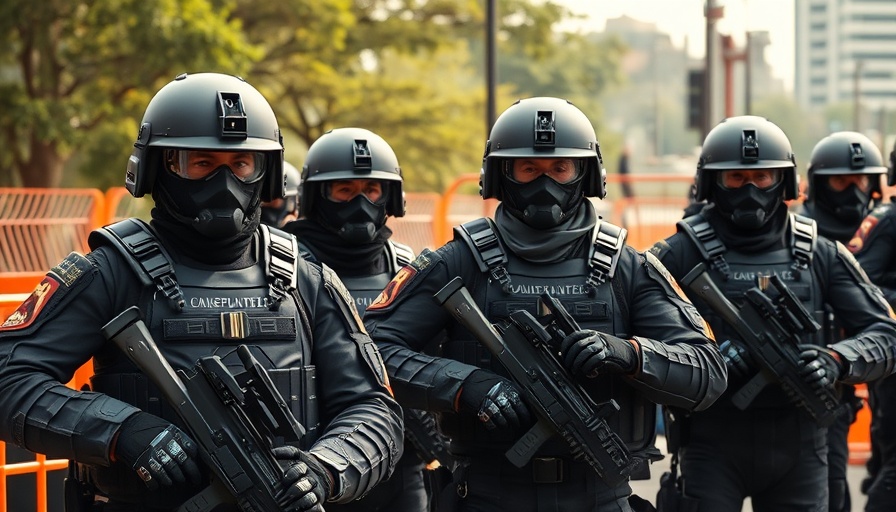 Face-covered ICE officers in tactical gear standing alert.