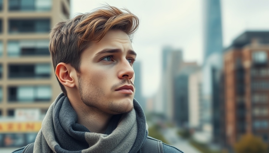 Serious young man against urban backdrop, thinking carefully.