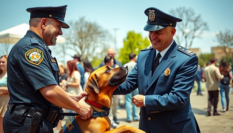 Group with police dog in park, man in blue suit petting, vibrant setting.