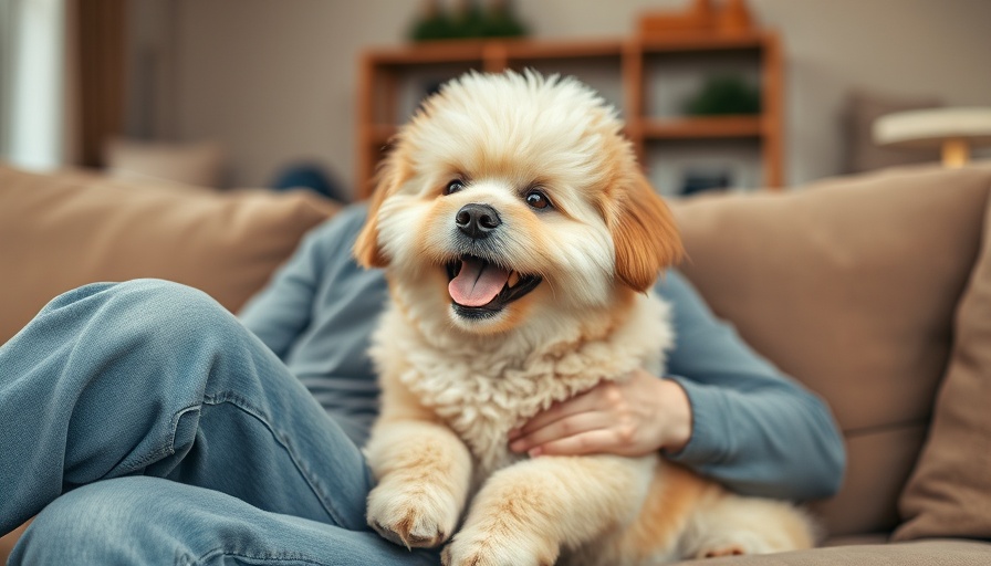 Pet effect in emotional well-being: happy dog cuddled on couch.