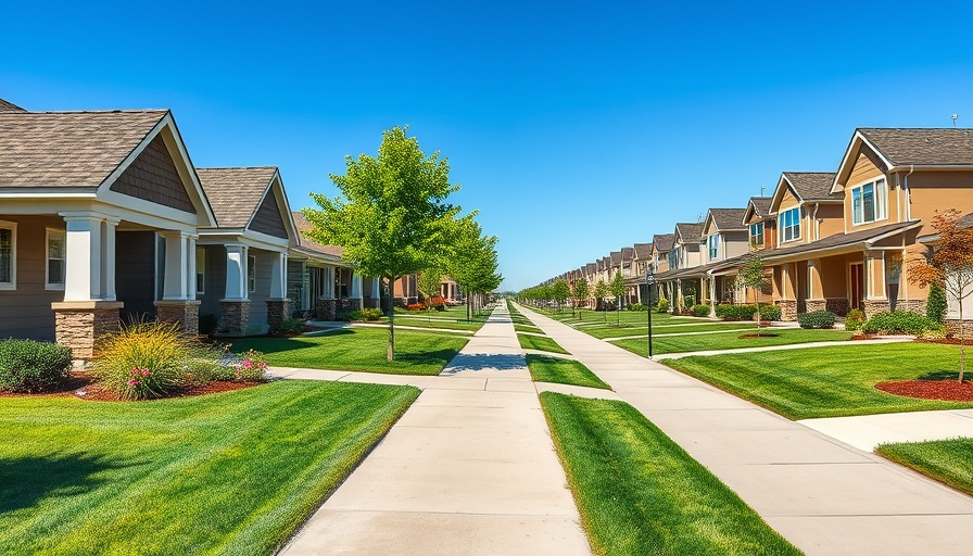 Modern suburban homes in Mustang Square, Plano, on a sunny day.