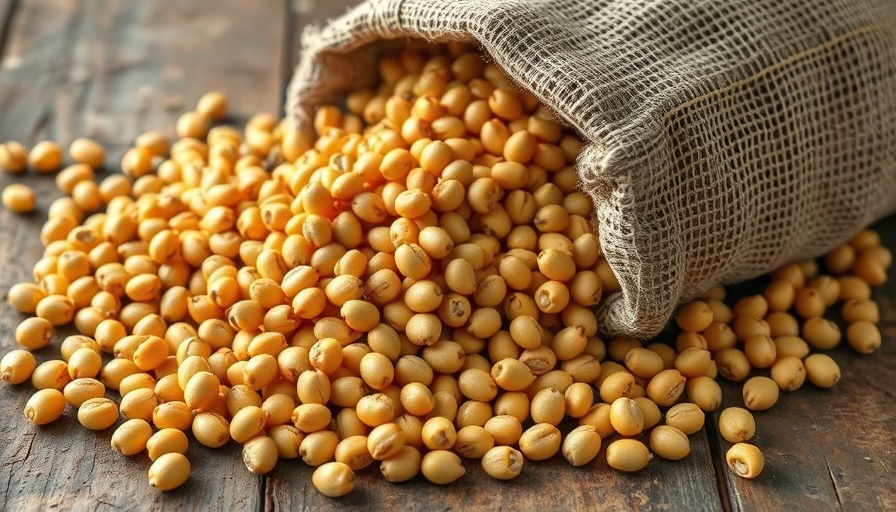 Scattered soybeans on rustic table suggestive of price decline.