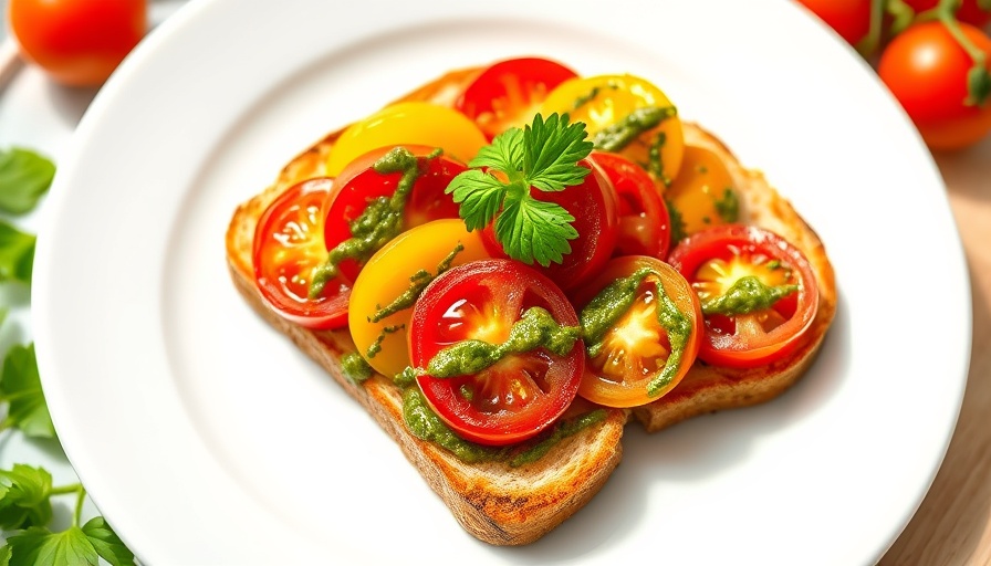 High-protein vegan breakfast toast with tomatoes and pesto.