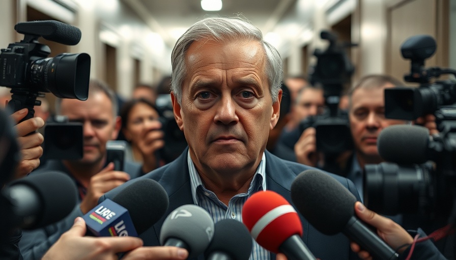 Media frenzy surrounding man, intense focus on interview in busy hallway.