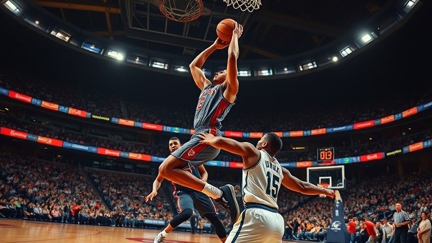 Dynamic NBA game recap with player jumping for a shot amidst intense action on the court.