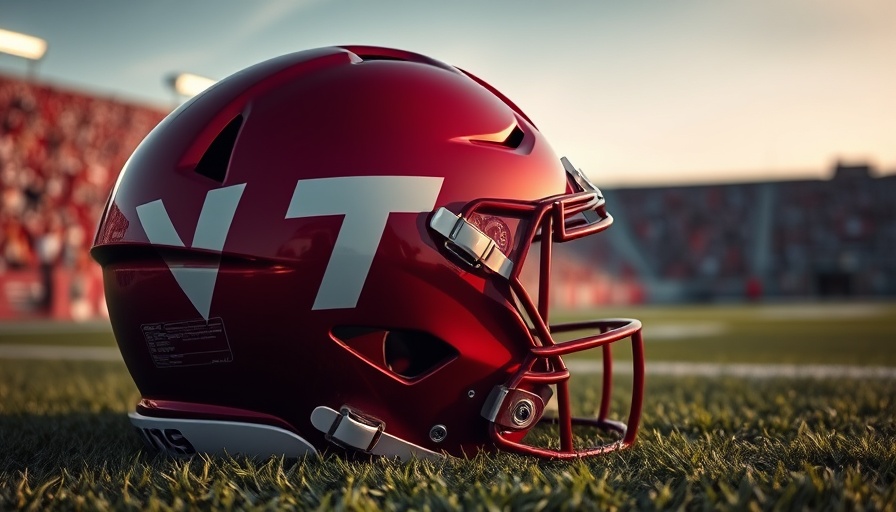 Virginia Tech football helmet on field amid recruitment tampering investigation.