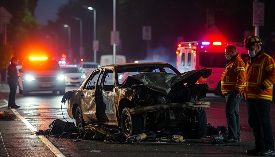 San Antonio motorcycle crash aftermath with burned-out truck and police tape.