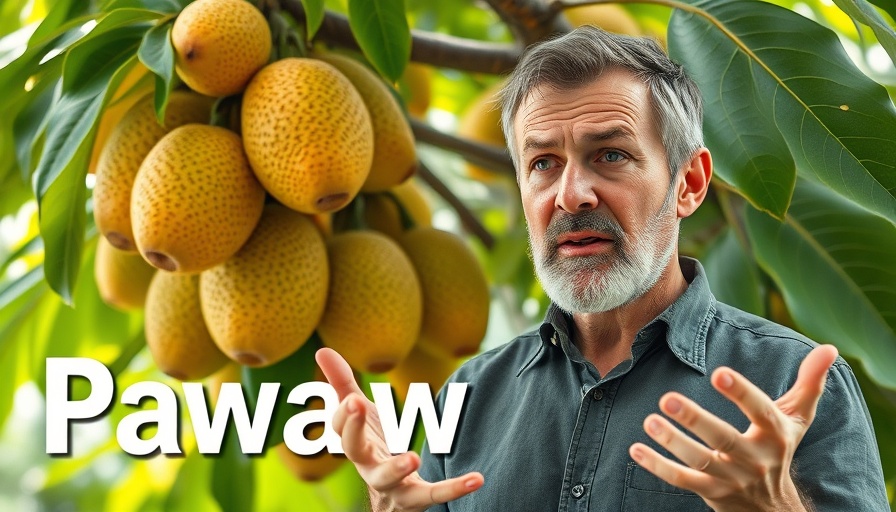 Man highlighting pawpaw fruit health risks with trees in the background.