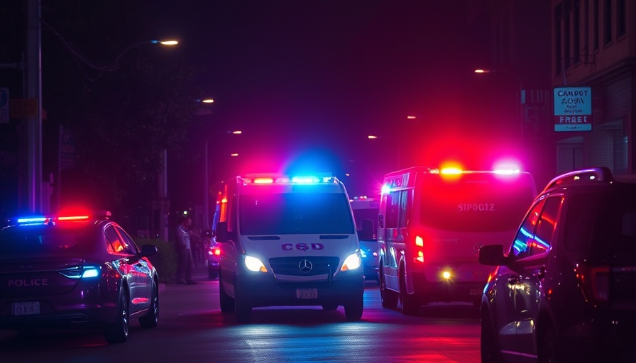 Breaking news today: Night scene with police vehicles and flashing lights.