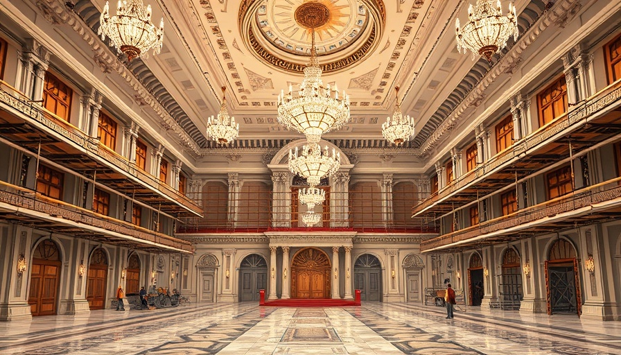 Under-construction White House ballroom with scaffolding and chandeliers.
