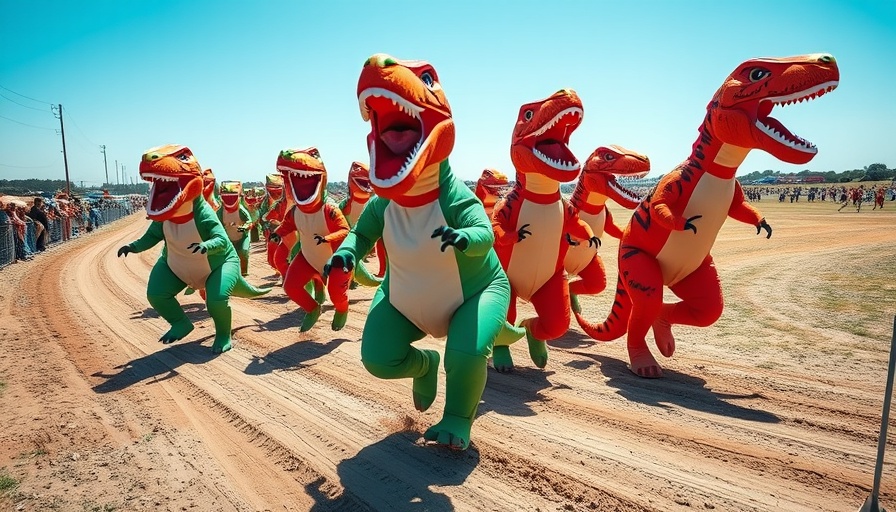 T-Rex World Championships race with people in inflatable costumes.