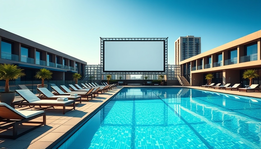 Luxury student housing with rooftop pool and large screen.
