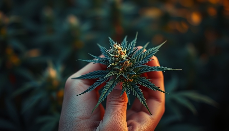 Close-up hands holding cannabis, dark background, natural light.