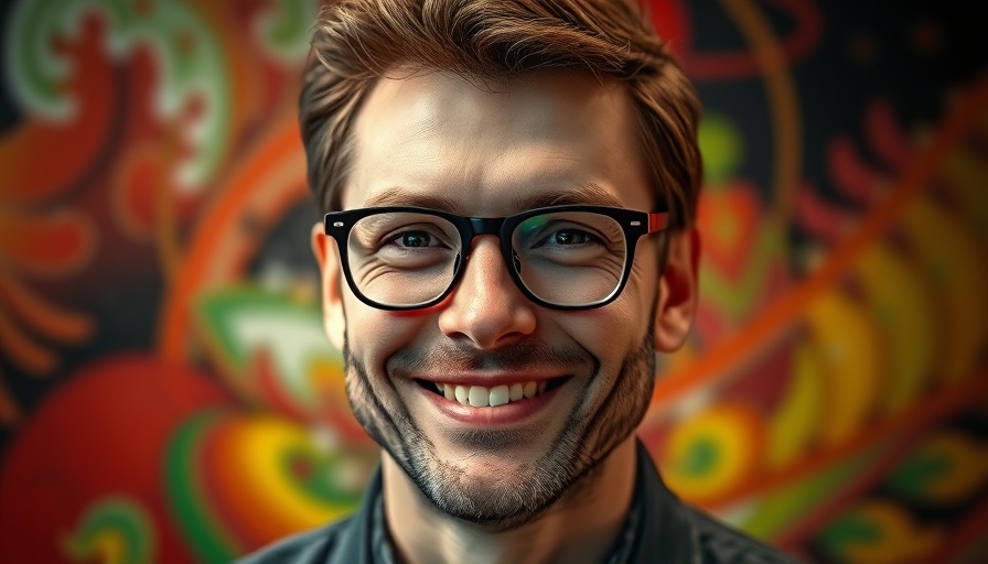 Man with glasses smiling against a colorful background.