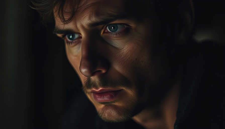 Somber close-up portrait of a reflective man in interview lighting.