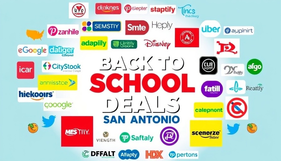 Back-to-School Deals San Antonio promotional graphic with retail logos.