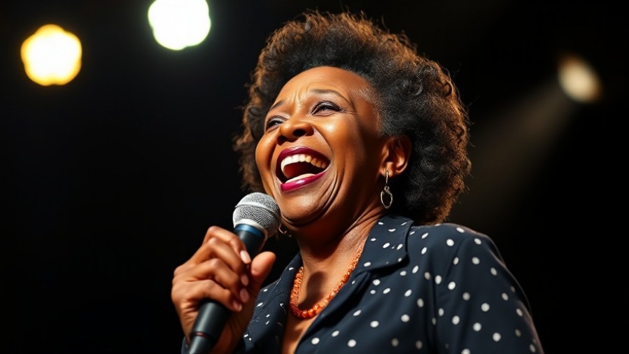 Joyful older black female singer at San Antonio cultural events, vibrant and lively.