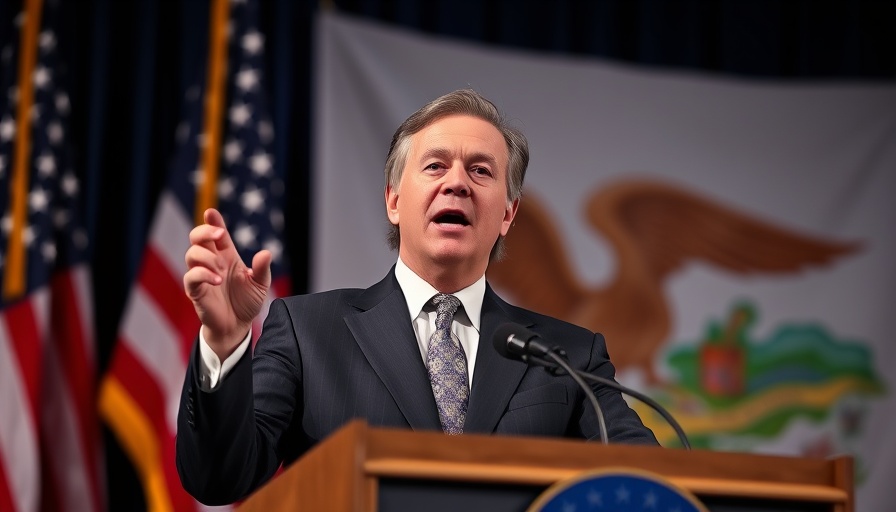 Politician discussing immigration policy USA at a podium with flags.